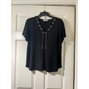 89th + Madison Womens‎ Black V-Neck Top Grommet Chain Detail Short Sleeve Large